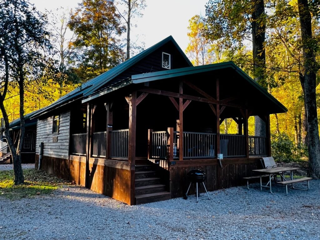 A wooden cabin with a covered porch sits in a wooded area, surrounded by trees, with a picnic table and grill in the gravel yard.